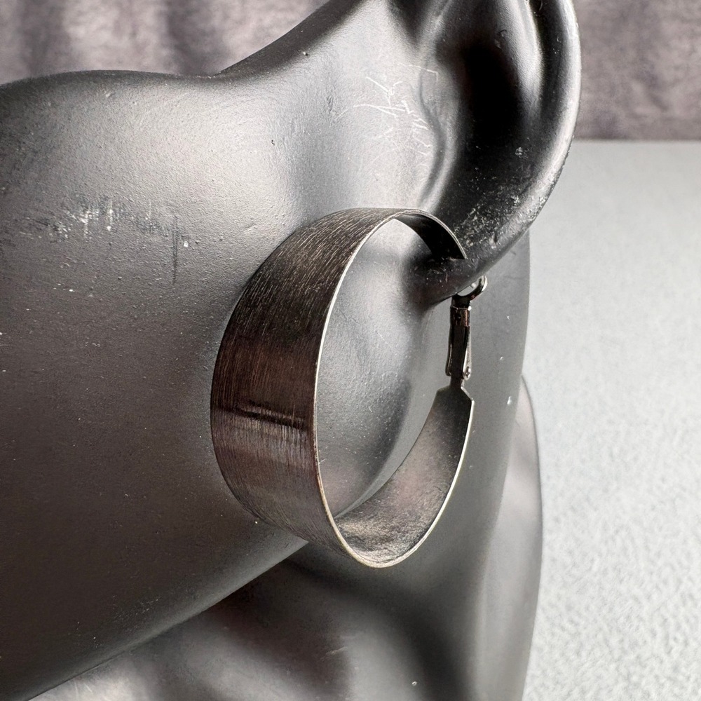 Gunmetal Brushed Metal Wide Hoop Earrings Lead Free Made in Korea 1.5 Inch
